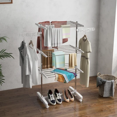 HOMCOM Tendedero Vertical Plegable Tendedero de Ropa con 6 Ruedas 2 Laterales Abatibles Estantes Ajustables y Marco de Acero Inoxidable para Interior y Exterior Plata