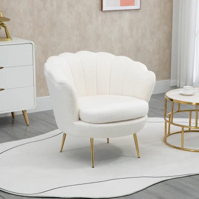 HOMCOM Polstersessel in Muschelform, Relaxsessel, Entspannungssessel, Metallbeine in Goldoptik, 79L x 77B x 77H cm, Weiß