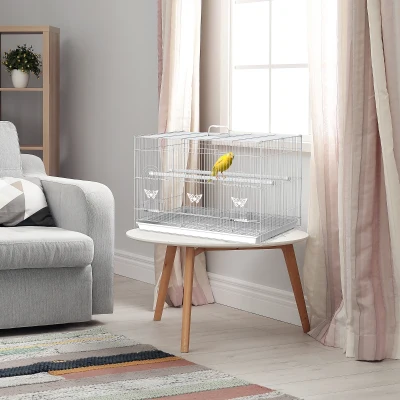 PawHut Jaula para Pájaros 60x41x41 cm Pajarera de Metal con Comederos 2 Perchas 3 Puertas y Asa de Transporte para Pájaros Pequeños Canarios Cotorras Blanco