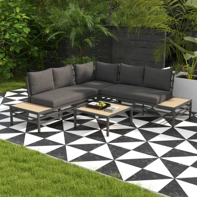 Outsunny Gartensitzgruppe Gartenmöbel-Set Lounge-Set, 1 Couchtisch, 2 Beistelltische, 2 Sofas, Dunkelgrau + Hellbraun+ Schwarz