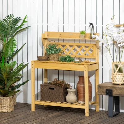 Outsunny Garten-Arbeitstisch, integriertes Edelstahl-Spülbecken, 2 Ablagen, Massivholz, braun, 92 x 45 x 120 cm