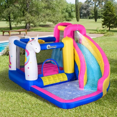 Outsunny Hüpfburg im Märchendesign inkl. Gebläse, Rutsche, Wasserbecken u. Basketballkorb 360 x 305 x 210 cm