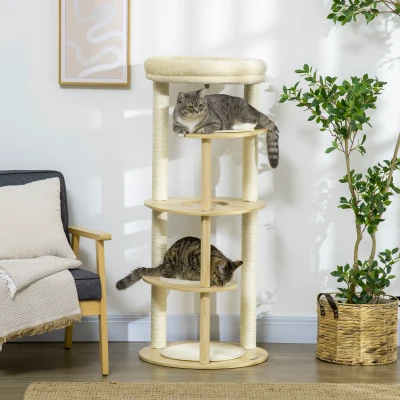 PawHut Árbol Rascador para Gatos de Madera con Múltiples Plataformas Cama Desmontable y Cojines Ø54x123,5 cm Roble