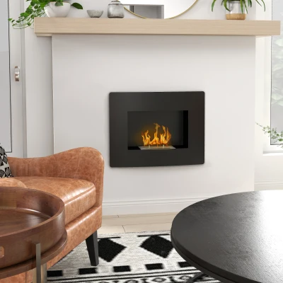 HOMCOM Chimenea de Bioetanol de Pared con Tanque de 0,9 L Tiempo de Combustión 3,3H para Interiores 15-20 m² 66x16x52 cm Negro