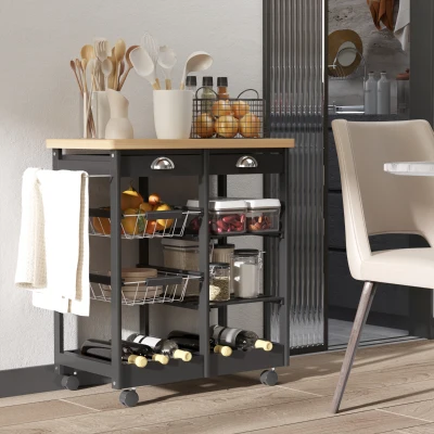 HOMCOM Carrito Auxiliar con Ruedas Carrito Verdulero Carro de Cocina con 2 Cajones 2 Cestas y 2 Estantes 74x37x76 cm Negro
