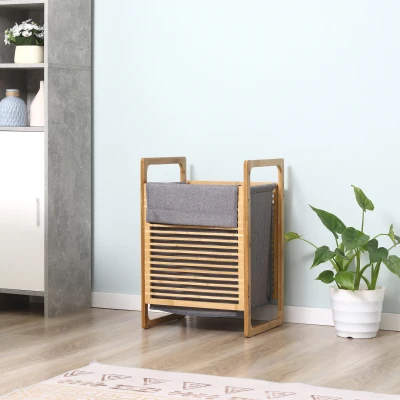HOMCOM Wäschekorb Wäschebox Wäschesammler mit waschbarem Wäschesack Deckel Wäschesack Tuchsack Bambus leinenartiges Polyester Natur+Grau 40 x 35 x 60,5 cm