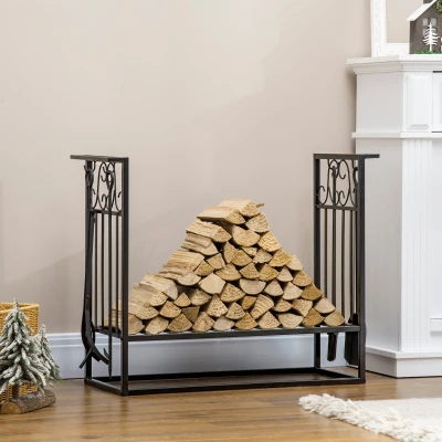 HOMCOM Estante para Leña de Chimenea 75x30x60 cm Soporte para Leña Tradicional Portaleña de Diseño Vintage con 4 Herramientas Base Elevada Carga Máx. 100 kg Acero para Interior y Exterior Negro