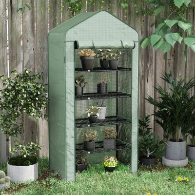 Outsunny Invernadero Resistente de 5 Niveles con 1 Puerta con Cremallera Anti-UV Diseño Ensanchado y Estantes 90x49x193 cm Verde