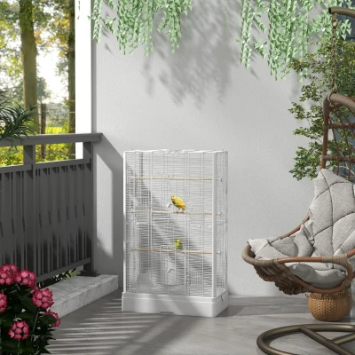 PawHut Jaula para Pájaros 61x36,5x98 cm con 8 Puertas 5 Perchas Bandeja Extraíble y 4 Comederos para Periquitos Pinzones Blanco
