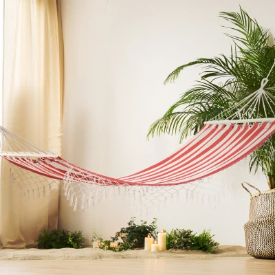 Outsunny Hamac Portable Hippie 2x1m Coton Rouge/Crème