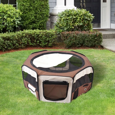 PawHut Portable Pet Playpen Indoor Outdoor Brown Dia 90cm