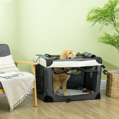 PawHut Foldable Pet Carrier with Cushion 81cm Grey