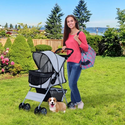 PawHut Chariot Poussette Chien Chat Gris Porte-Gobelet