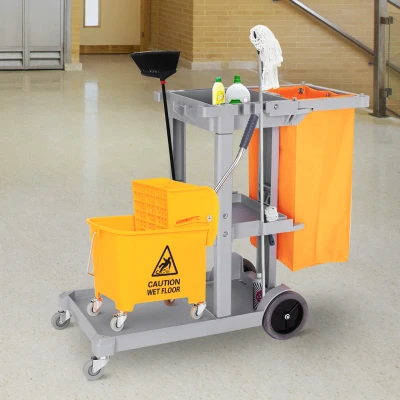 HOMCOM Carro de Limpieza con Bolsa 100L Profesional y Multifuncional para Colectividades Hotel Hostal con 3 Bandejas y 1 Plataforma 121x50,5x96,5 cm Gris y Amarillo