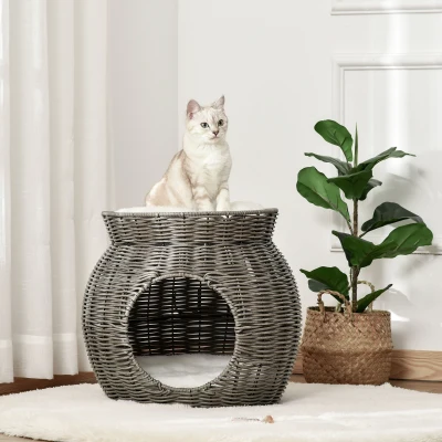 PawHut Casetta per gatti in rattan 50cm x 50cm x 43.5cm Grigio Scuro