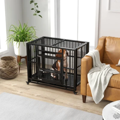PawHut Cage Chien Pliable Roulettes Verrouillable Noir