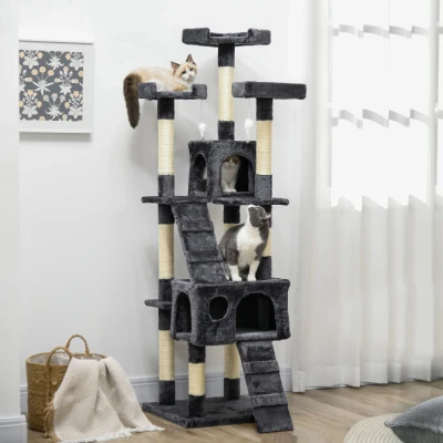 PawHut Árbol para Gatos Torre para Gatos con Nidos Escaleras Juguetes Colgantes y Postes de Sisal 49x49x173 cm Gris Oscuro
