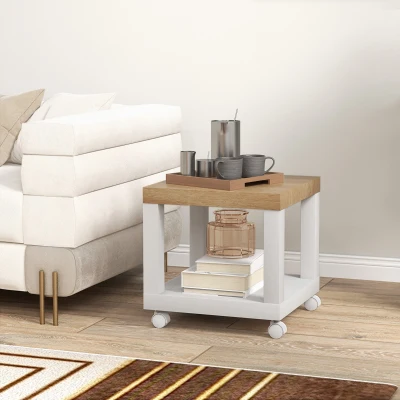 HOMCOM Mesa Auxiliar con Ruedas Estante Abierto Mesa para Sofá Sala Dormitorio 40x40x40 cm Natural y Blanco