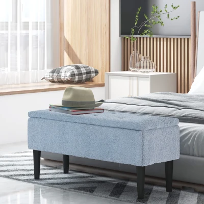 HOMCOM Banco de Pie de Cama Baúl de Almacenaje para Dormitorio con Tapa Abatible y Patas de Madera 95x38x45 cm Azul