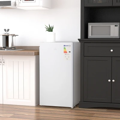 HOMCOM Mini Refrigerador 91L de Capacidad Nevera Eléctrica Pequeña Silencioso 41dB Frigorifico con Estante Ajustable Compartimento Congelador y Puerta Reversible 47,5x44,2x84 cm Blanco