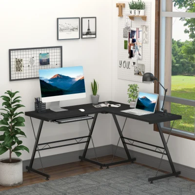 HOMCOM Bureau d'Angle Moderne Métal Noir Bois Veiné