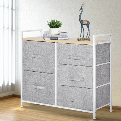 HOMCOM Commode 5 Tiroirs Gris Rangement Chambre Salon