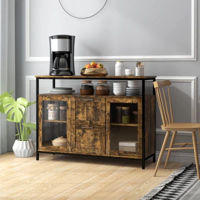 HOMCOM Aparador de Cocina Bueffet para Salón con 2 Puertas de Cristal 2 Cajones y Estantes Abiertos Armario Auxiliar de Estilo Industrial para Salón Comedor 120x40x88,5 cm Marrón Rústico