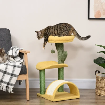 PawHut Rascador para Gatos de 72 cm con Cama Poste de Sisal Rascador Curvo y Bola Colgante 40x35x72 cm Verde y Amarillo