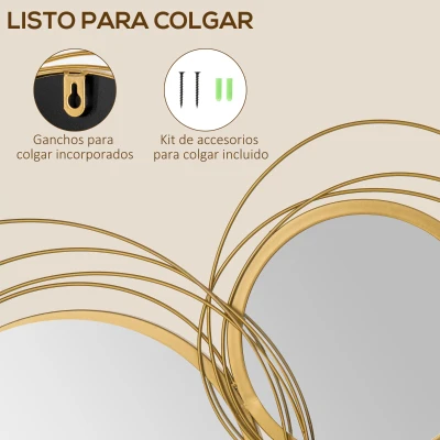 HOMCOM Decoración de Pared de Metal 3D de Espejos Redondos Adorno Metálico para Salón Dormitorio Comedor 107x56cm Dorado(m-5)