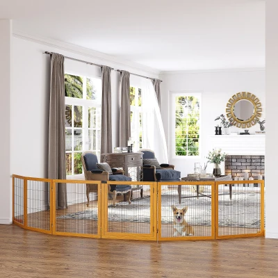 PawHut Barrière Chien 6 Panneaux Bois Jaune Pliable