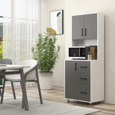 HOMCOM Küchenschrank Hochschrank mit 2 Türen Regal Mikrowellenregal Küchenbuffet mit unterem Aufbewahrungsschrank und 3 Schubladen Kommode Spanplatte Stahl Grau+Weiß 60 x 40 x 160 cm