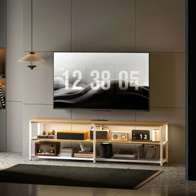 HOMCOM Mueble de TV con Luces LED Control Remoto Extensión para Cargar 2 Compartimentos para Televisión de 65 Pulgadas Natural