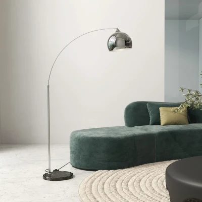 HOMCOM Bogenleuchte, Stehlampe, höhenverstellbar, Fußschalter, Sockel in Marmoroptik, 170-180cm, Silber/Schwarz