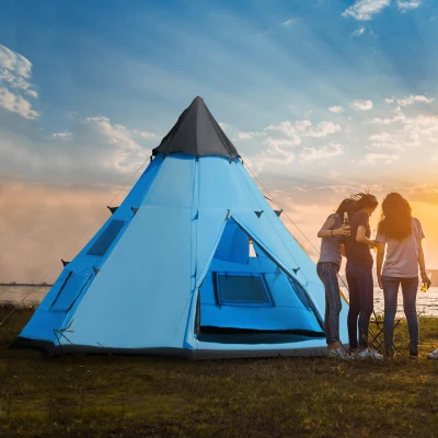 Outsunny 6-Man Tipi Tent Blue with Mesh Windows & Carry Bag
