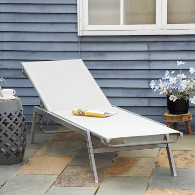 Outsunny Garten-Sonnenliege Relaxliege mit 5-stufige Rückenlehne aus Metall Cremeweiß 170 x 58 x 97 cm