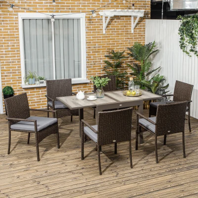 Outsunny Conjunto de Muebles de Ratán Sintético de Jardín 7 Piezas Mesa Extensible y 6 Sillas para Terraza Patio Marrón