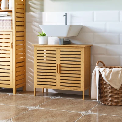 kleankin Mueble para Debajo del Lavabo de Bambú Armario de Baño de Suelo con 2 Puertas 66x29x61,5 cm Natural