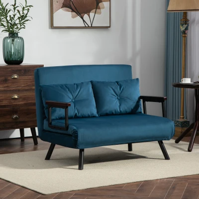 HOMCOM 4-in-1 Velvet Double Sofa Bed with Pillows Blue
