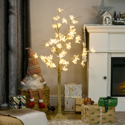 HOMCOM Árbol de Flor de Cerezo con 48 Luces LED IP44 en Blanco Cálido Decoración para Interiores 18x18x120 cm Caqui