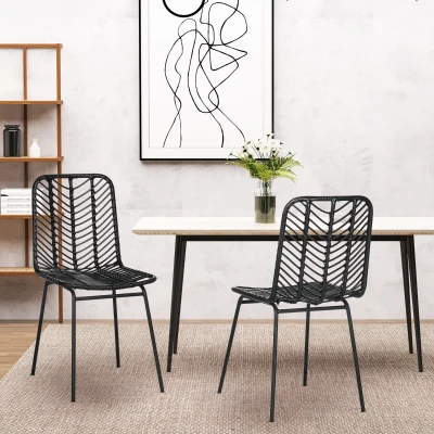 HOMCOM 2er-Set Esszimmerstühle Aktzentstühle Küchenstühle, Boho-Stil, Rattan,  44 cm x 58 cm x 85 cm, Schwarz
