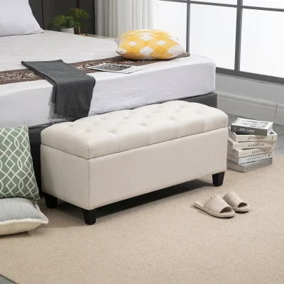 HOMCOM Sitzbank Polsterbank mit Stauraum Truhenbank Flur Schlafzimmer Wohnzimmer leinenartiges Polyester Gummiholz Cremeweiß 100 x 40 x 44 cm