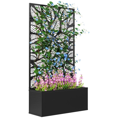 Outsunny Jardinera Elevada con Panel de Privacidad de Hojas Decorativas de Metal y Opción de Montaje en Pared 61x23x113 cm Negro