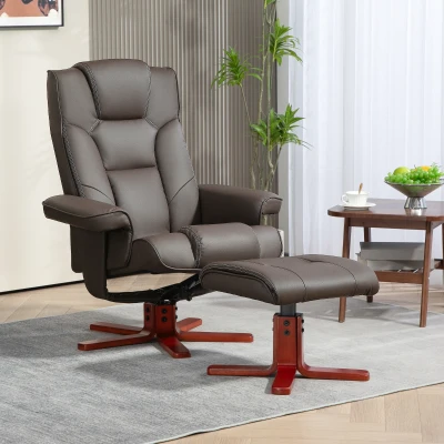 HOMCOM Sillón Reclinable con Reposapiés Tapizado en PU y Estructura de Madera Carga 150 kg Butaca para Dormitorio Marrón