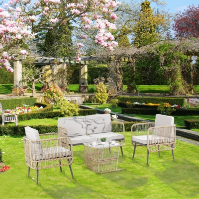 Outsunny Salon Jardin 4Pcs Résine Tressée/Métal Beige