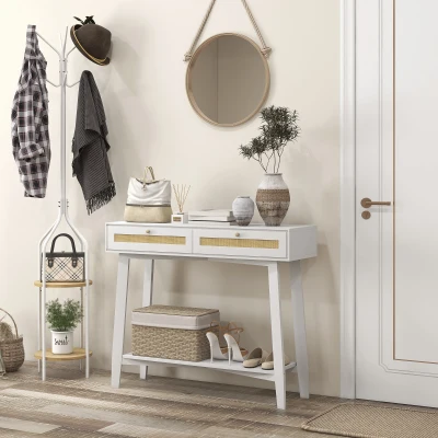 HOMCOM Consola Recibidor Mesa de Entrada con 2 Cajones de Diseño de Ratán y Estante Abierto para Pasillo 100x30x81 cm Blanco