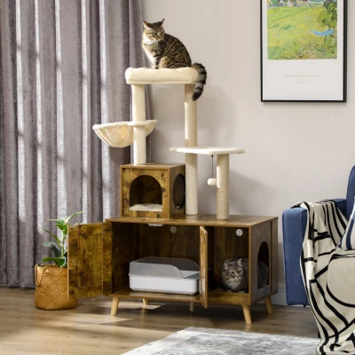 PawHut Cat Litter Box Enclosure with Tree Tower Rustic Brown