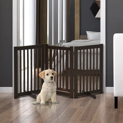 PawHut Absperrgitter Holz Freistehendes Schutzgitter für Hunde Türschutzgitter Verstellbares Hundegitter Treppengitter mit Füßen klappbares Kamingitter für Ofen Dunkelbraun 155 x 1,5 x 76 cm