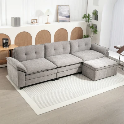 HOMCOM Divano Modulare con Pouf Contenitore in Ciniglia Grigio