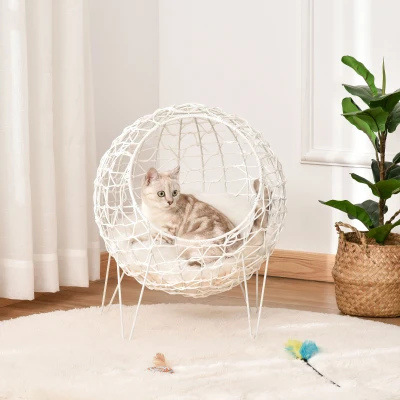 Pawhut Rattan Katzenkorb Katzenhöhle Katzenhütte Katzenbett mit Kissen erhöhtes Design Haustierbett Cremeweiß Ø45 x 57H cm