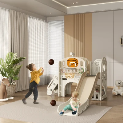 AIYAPLAY Kinder-Spielgerüst, 7-in-1 Rutsche, Indoor Spielplatz mit Stauraum und Krabbeltunnel, 186x153x111 cm, Cremeweiß